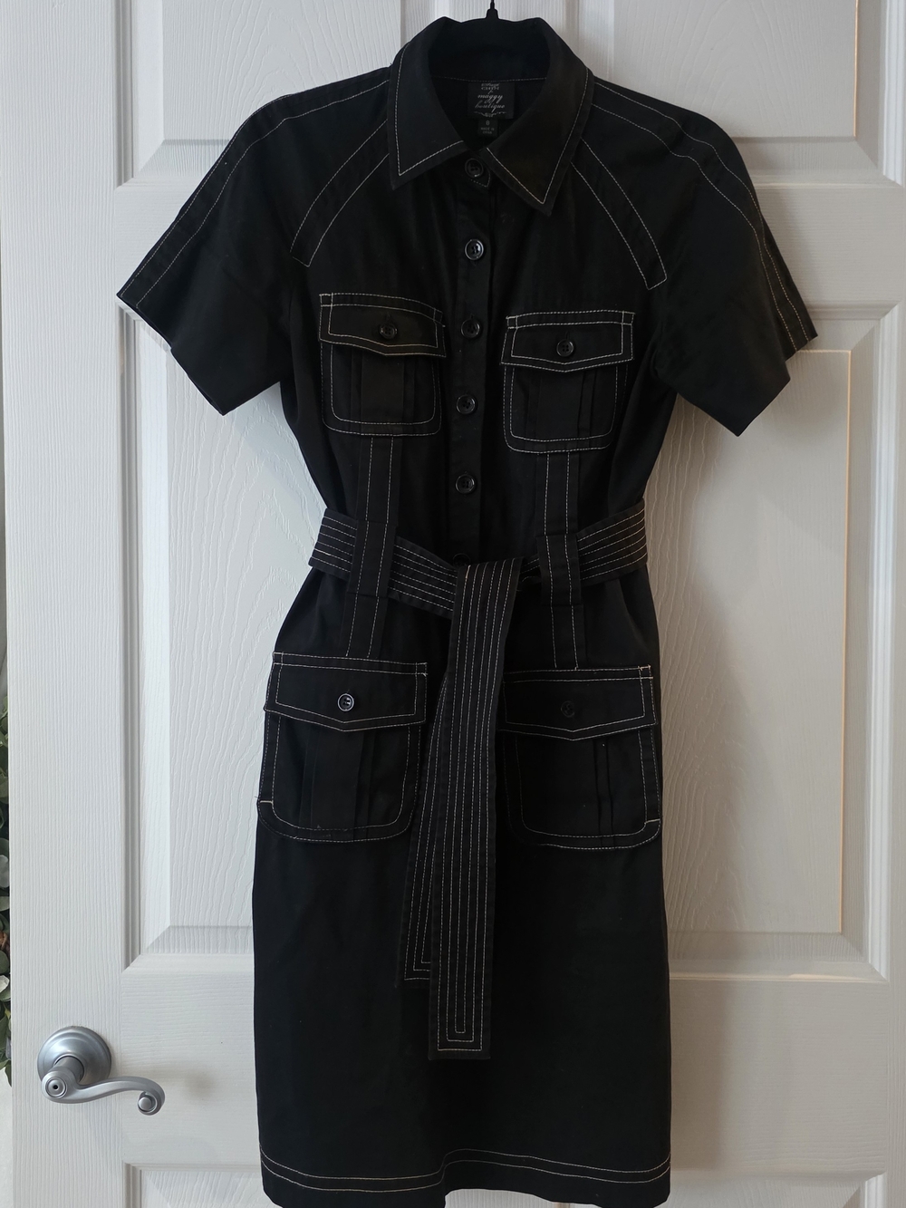 Suzi Kondi Black Short-Sleeve Belted Shirt Dress with Contrast Stitching